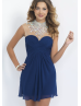 Navy Blue Beaded High Neck Slit Back Knee Length Prom Dress 